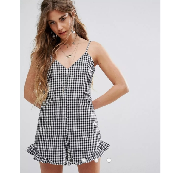 Honey Punch Pants - Honey Punch Gingham Romper Black & White Cami Ruffle Hem Size Small